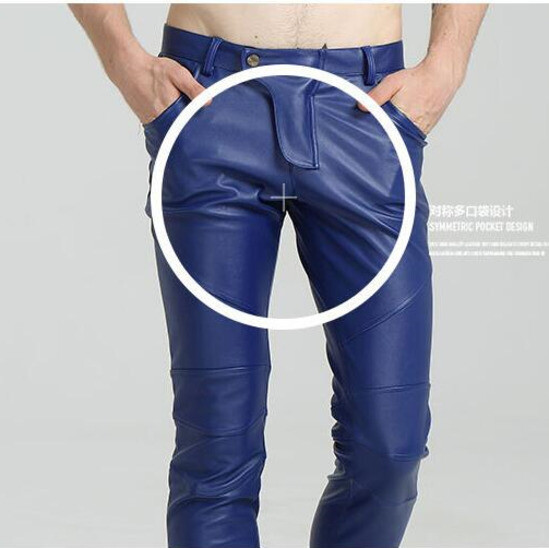 #2221 Mootorratta kitsad kunstnahast püksid meestele Sinine valge must valge Biker PU nahast püksid Joggers kitsad nahast püksid