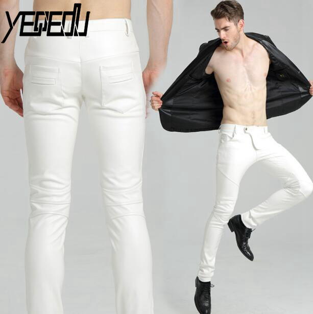 #2221 Mootorratta kitsad kunstnahast püksid meestele Sinine valge must valge Biker PU nahast püksid Joggers kitsad nahast püksid