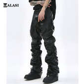 Hip Hop Pantaloni din piele PU plisați pentru bărbați Harajuku Retro Streetwear Pantaloni ocazional înfășurați, drepți, de culoare solidă, Pantaloni negri