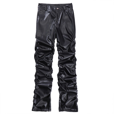 Hip Hop Pantaloni din piele PU plisați pentru bărbați Harajuku Retro Streetwear Pantaloni ocazional înfășurați, drepți, de culoare solidă, Pantaloni negri