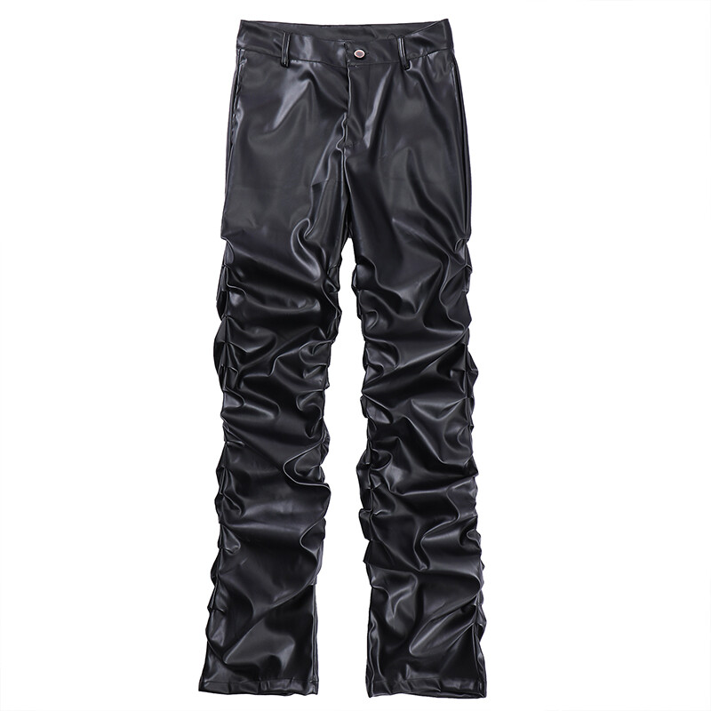 Hip Hop Pantaloni din piele PU plisați pentru bărbați Harajuku Retro Streetwear Pantaloni ocazional înfășurați, drepți, de culoare solidă, Pantaloni negri