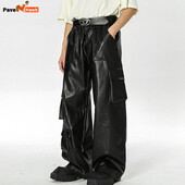 Pantaloni din piele PU de stradă pentru motociclete, pentru bărbați, retro americani, cu mai multe buzunare, pantaloni cu instrumente cu picior drept, salopete bombe punk largi