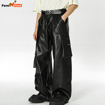 Pantaloni din piele PU de stradă pentru motociclete, pentru bărbați, retro americani, cu mai multe buzunare, pantaloni cu instrumente cu picior drept, salopete bombe punk largi