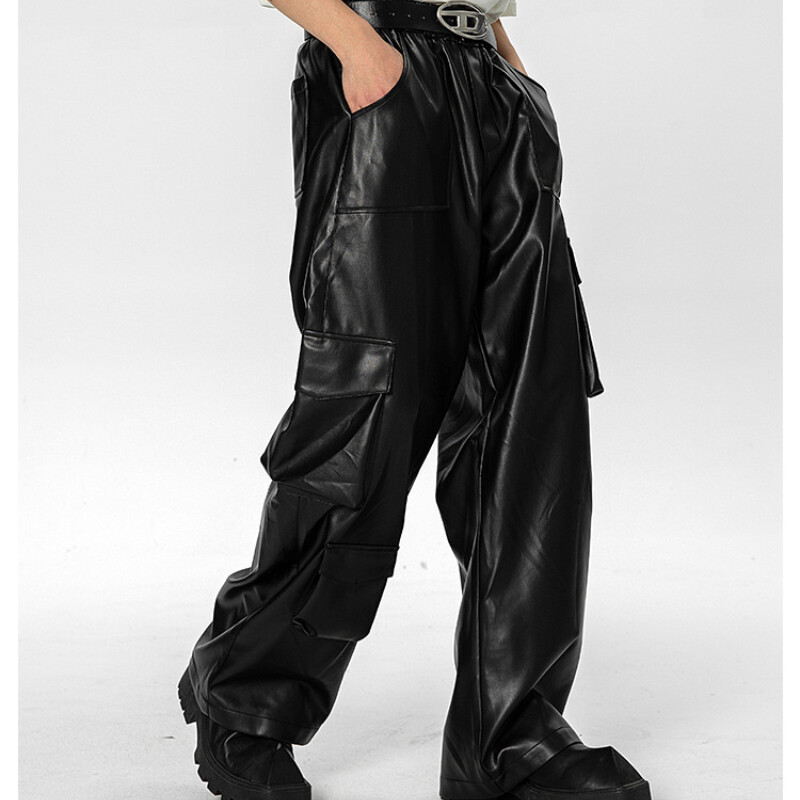 Pantaloni din piele PU de stradă pentru motociclete, pentru bărbați, retro americani, cu mai multe buzunare, pantaloni cu instrumente cu picior drept, salopete bombe punk largi