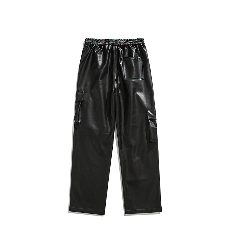 Pantaloni din piele PU de stradă pentru motociclete, pentru bărbați, retro americani, cu mai multe buzunare, pantaloni cu instrumente cu picior drept, salopete bombe punk largi