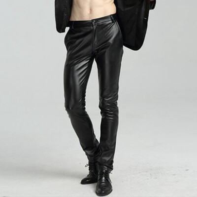 #2220 Pantaloni slăbiți din piele artificială alb/roșu/albastru/negru pentru bărbați Pantaloni de jogging subțiri din piele PU colanți motocicliști Pantaloni de mărime mare