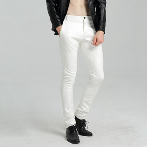 #2220 Pantaloni slăbiți din piele artificială alb/roșu/albastru/negru pentru bărbați Pantaloni de jogging subțiri din piele PU colanți motocicliști Pantaloni de mărime mare