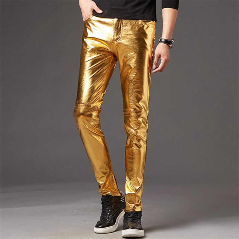 Muške uske, sjajne zlatno srebrne crne pu kožne hlače Motociklističke muške hlače za noćni klub, pozornicu za pjevače, plesače, ležerne hlače