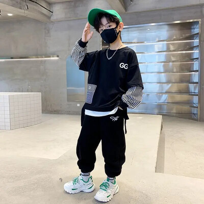 Modna jesenska kolekcija za dječake, dvodijelna majica s dugim rukavima Illusion, ležerne hlače, dvodijelni komplet u trendu