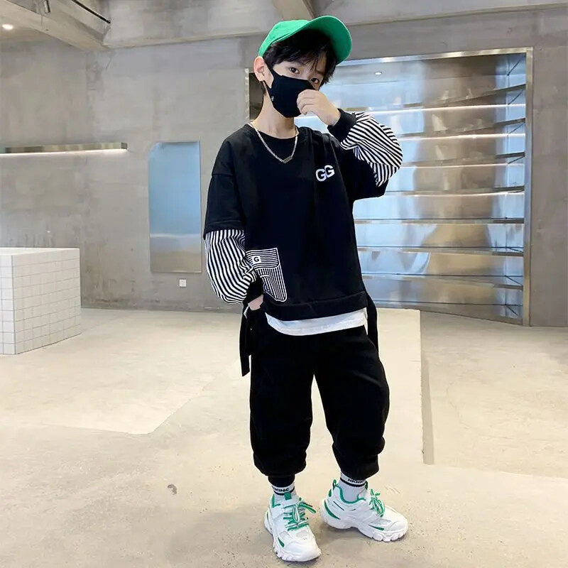 Modna jesenska kolekcija za dječake, dvodijelna majica s dugim rukavima Illusion, ležerne hlače, dvodijelni komplet u trendu