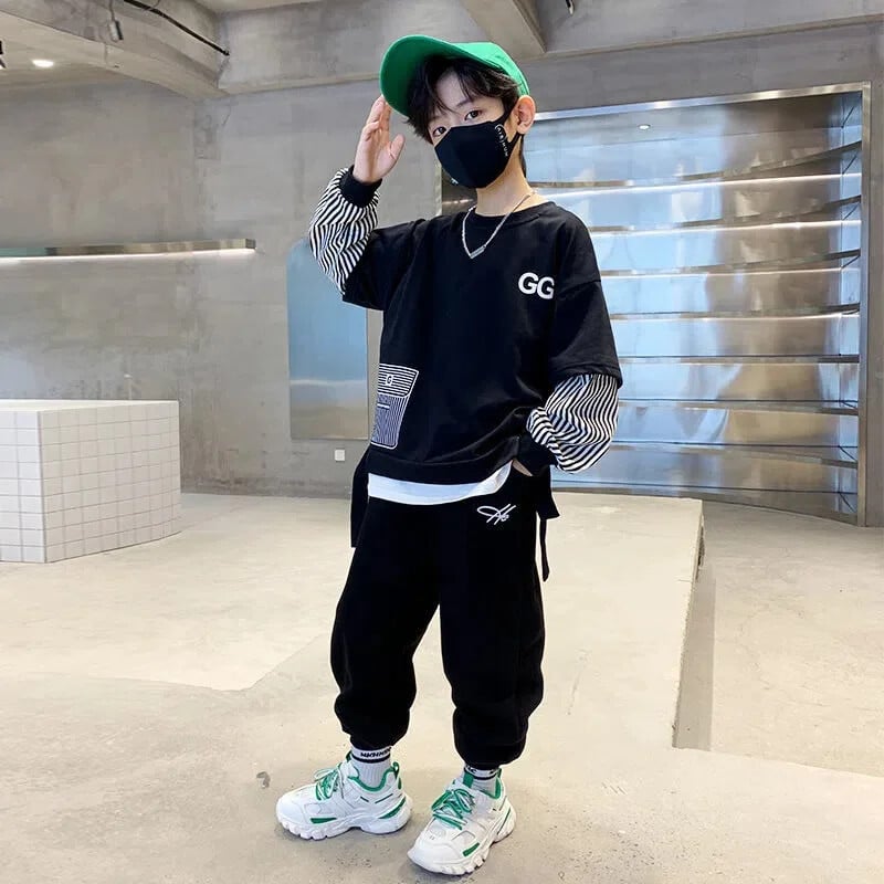 Modna jesenska kolekcija za dječake, dvodijelna majica s dugim rukavima Illusion, ležerne hlače, dvodijelni komplet u trendu