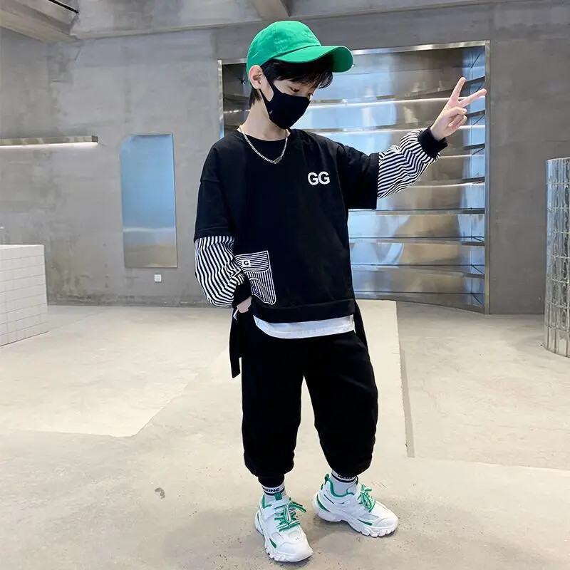 Modna jesenska kolekcija za dječake, dvodijelna majica s dugim rukavima Illusion, ležerne hlače, dvodijelni komplet u trendu