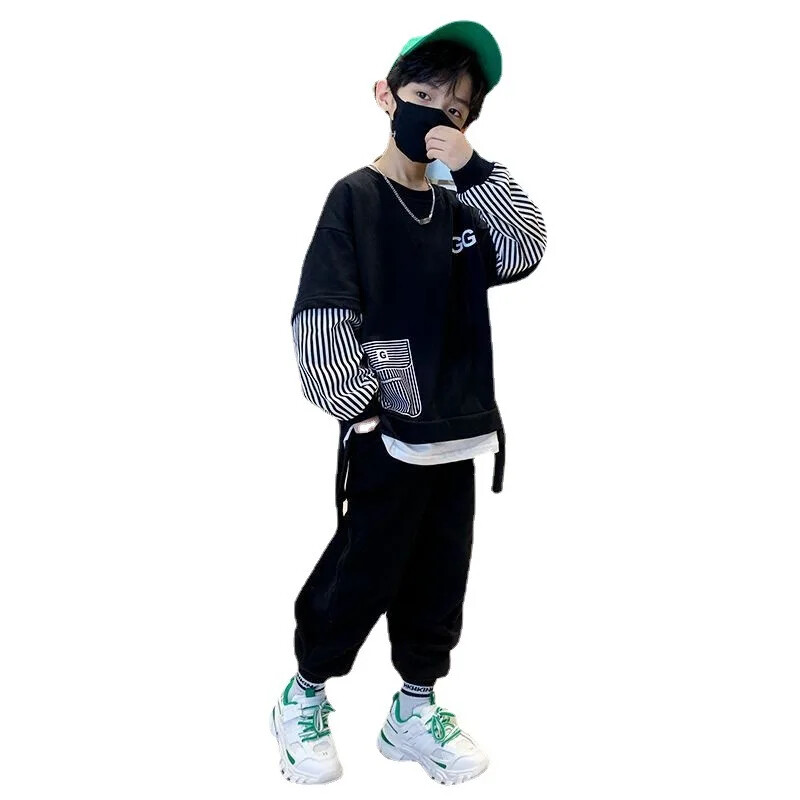 Modna jesenska kolekcija za dječake, dvodijelna majica s dugim rukavima Illusion, ležerne hlače, dvodijelni komplet u trendu