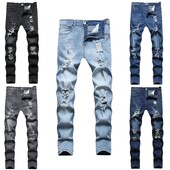 Muške traperice s rupicama, uske hlače s patentnim zatvaračem, džepovima s šrafovima, jednobojne isprane traper hlače do gležnja