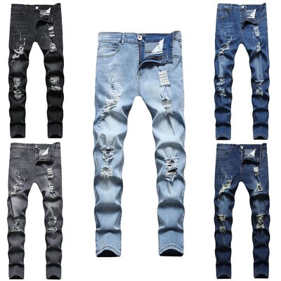 Džinsi Vīriešu Hole Distressed Zīmuļu Bikses Slim Fit Vintage Rāvējslēdzēja Mušu Kabatas Vienkrāsaini Mazgāti Džinsi Bikses Līdz potītēm