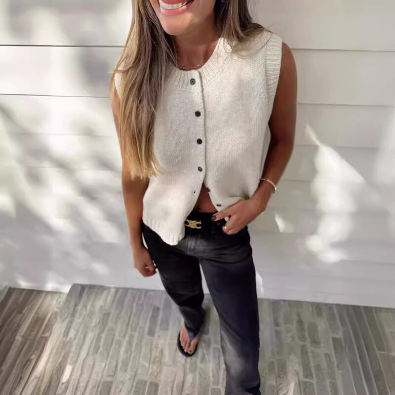 Vasaras trikotāžas jakas sievietēm Eleganti modes pogas topi bez piedurknēm Solid Basic brīvas brīvdienu vestes 2024. gada pelēkā krāsā