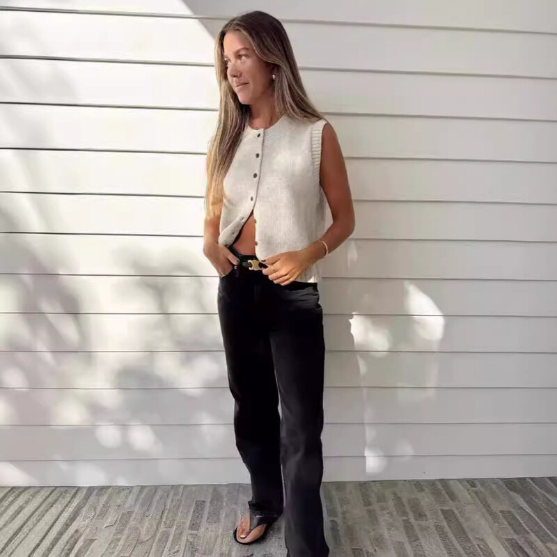 Vasaras trikotāžas jakas sievietēm Eleganti modes pogas topi bez piedurknēm Solid Basic brīvas brīvdienu vestes 2024. gada pelēkā krāsā