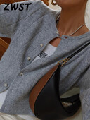 Pleteni uski tanki kardigani Ženski sivi Džemperi s dugim rukavima s jednim kopčanjem i O-izrezom, Ženski jesenski ženski pulover 2024.