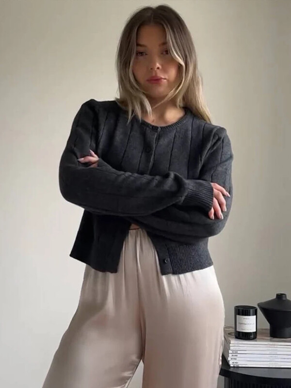 Pleteni uski tanki kardigani Ženski sivi Džemperi s dugim rukavima s jednim kopčanjem i O-izrezom, Ženski jesenski ženski pulover 2024.