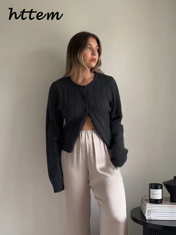 Pleteni uski tanki kardigani Ženski sivi Džemperi s dugim rukavima s jednim kopčanjem i O-izrezom, Ženski jesenski ženski pulover 2024.