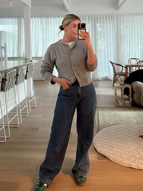 Pleteni uski tanki kardigani Ženski sivi Džemperi s dugim rukavima s jednim kopčanjem i O-izrezom, Ženski jesenski ženski pulover 2024.