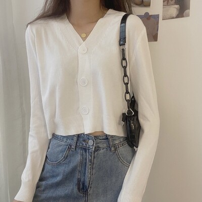 Jesen Zima Kratki pulover Ženska jakna s kratkim rukavima na kopčanje Ulična odjeća visokog struka Pleteni kardigan s jednim kopčanjem