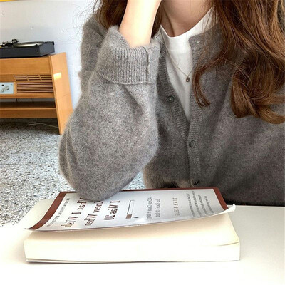 Lucyever Ženski džemper s kardiganom Jesen Zima Pleteni džemper s O-izrezom Jednobojni džemper s dugim rukavima s jednim kopčanjem Ženski