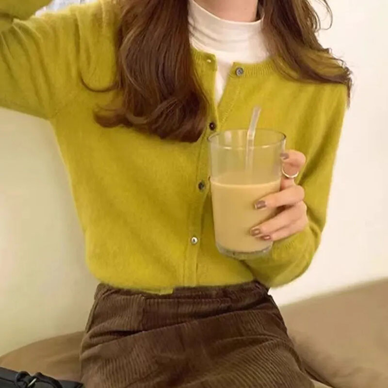 Lucyever Ženski džemper s kardiganom Jesen Zima Pleteni džemper s O-izrezom Jednobojni džemper s dugim rukavima s jednim kopčanjem Ženski