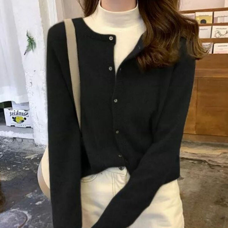 Lucyever Ženski džemper s kardiganom Jesen Zima Pleteni džemper s O-izrezom Jednobojni džemper s dugim rukavima s jednim kopčanjem Ženski