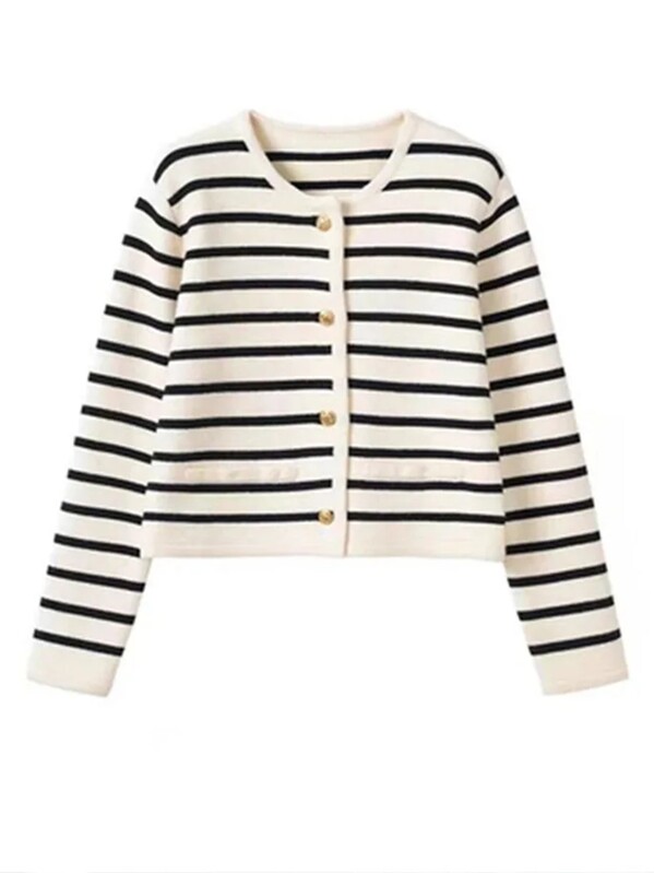 Női tavaszi őszi pulóverek O-nyakú, csíkos kötött kardigán divatos hosszú ujjú, hétköznapi rövid felsők koreai stílusban, új 2024-ben