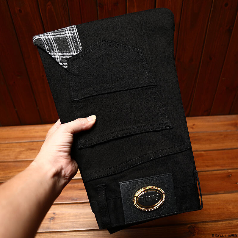 Blugi bărbați cu contrast de culoare nouă, subțiri, marcă de modă, negru, de ultimă generație, pentru tineret, elastic, versiune coreeană, pantaloni din denim cu picioare mici