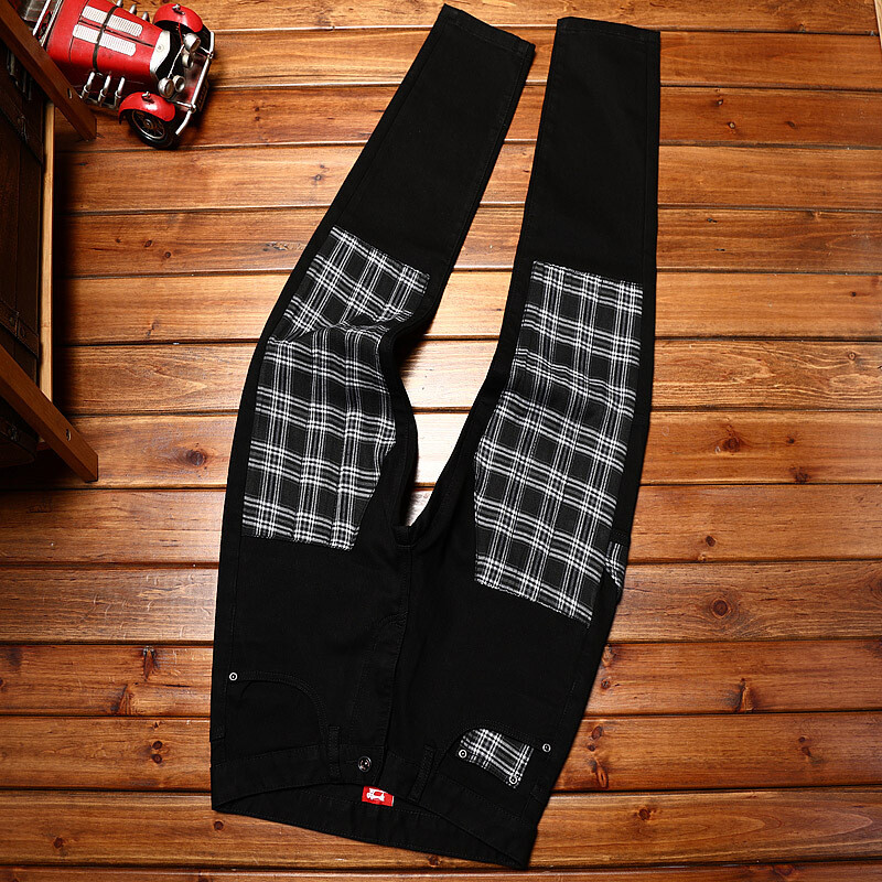 Blugi bărbați cu contrast de culoare nouă, subțiri, marcă de modă, negru, de ultimă generație, pentru tineret, elastic, versiune coreeană, pantaloni din denim cu picioare mici