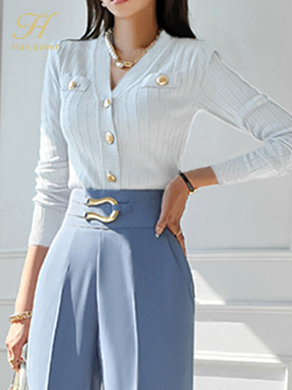 H Han Queen Korean Chic V veida kakla trikotāžas džemperis sievietēm Ikdienas Basic jakas ar garām piedurknēm Rudens vintage džemperi Tops