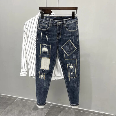 Blugi la modă de toamnă Pantaloni unici Holey denim pentru bărbați Slim Fit în stil coreean Drillers rupti Pantaloni cu picioare mici Jambiere creion