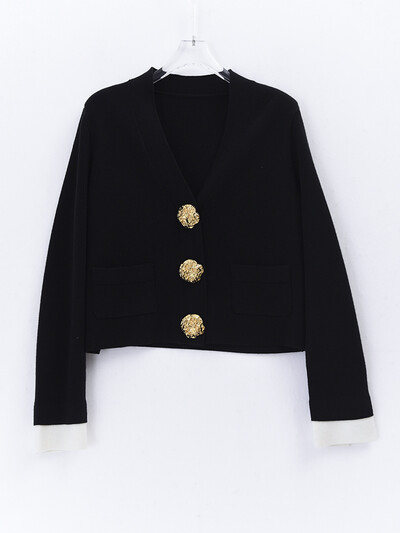 SHENGPALAE Μεταλλική πόρπη με λαιμόκοψη με πλεκτή ζακέτα, Γυναικεία μόδα φθινόπωρο 2024 Νέο μάλλινο πουλόβερ με ψηλό μανίκι 5R5970