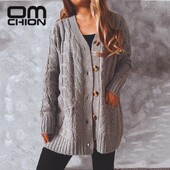 OMCHION Χειμερινά Ρούχα Γυναικεία 2023 Χειμώνας Νέες Μονές τσέπες Πλεκτή Ζακέτα Γυναικεία Loose Twist Μακρύ Παλτό