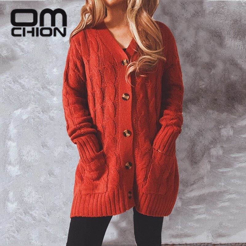 OMCHION Χειμερινά Ρούχα Γυναικεία 2023 Χειμώνας Νέες Μονές τσέπες Πλεκτή Ζακέτα Γυναικεία Loose Twist Μακρύ Παλτό