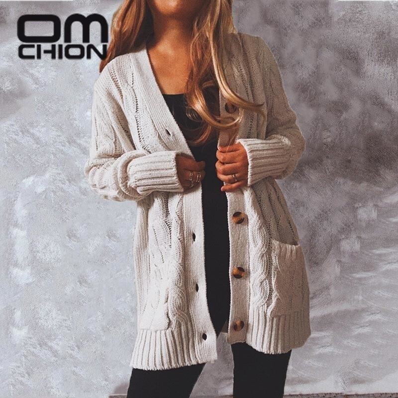 OMCHION Χειμερινά Ρούχα Γυναικεία 2023 Χειμώνας Νέες Μονές τσέπες Πλεκτή Ζακέτα Γυναικεία Loose Twist Μακρύ Παλτό