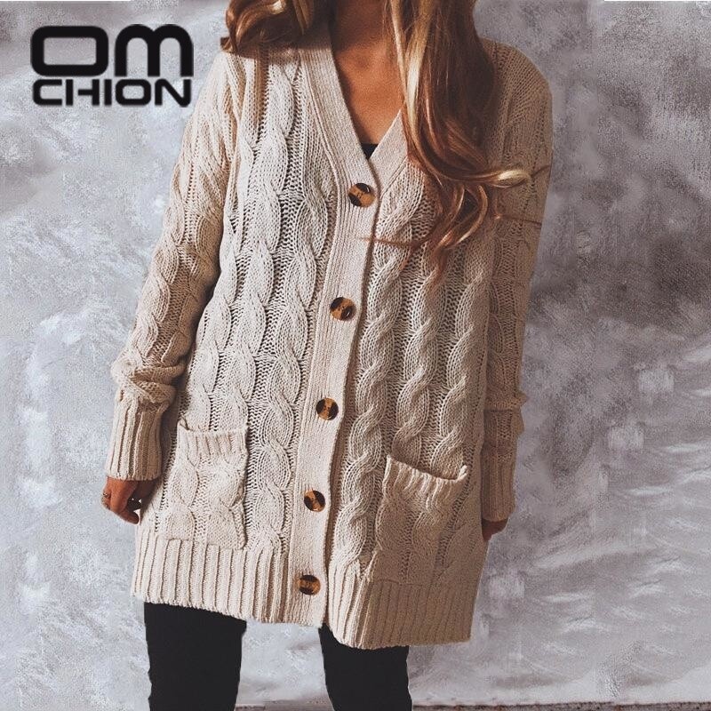 OMCHION Χειμερινά Ρούχα Γυναικεία 2023 Χειμώνας Νέες Μονές τσέπες Πλεκτή Ζακέτα Γυναικεία Loose Twist Μακρύ Παλτό