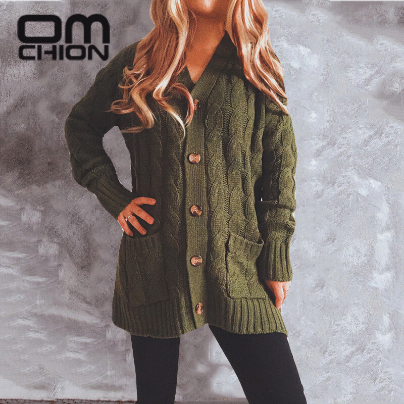 OMCHION Χειμερινά Ρούχα Γυναικεία 2023 Χειμώνας Νέες Μονές τσέπες Πλεκτή Ζακέτα Γυναικεία Loose Twist Μακρύ Παλτό