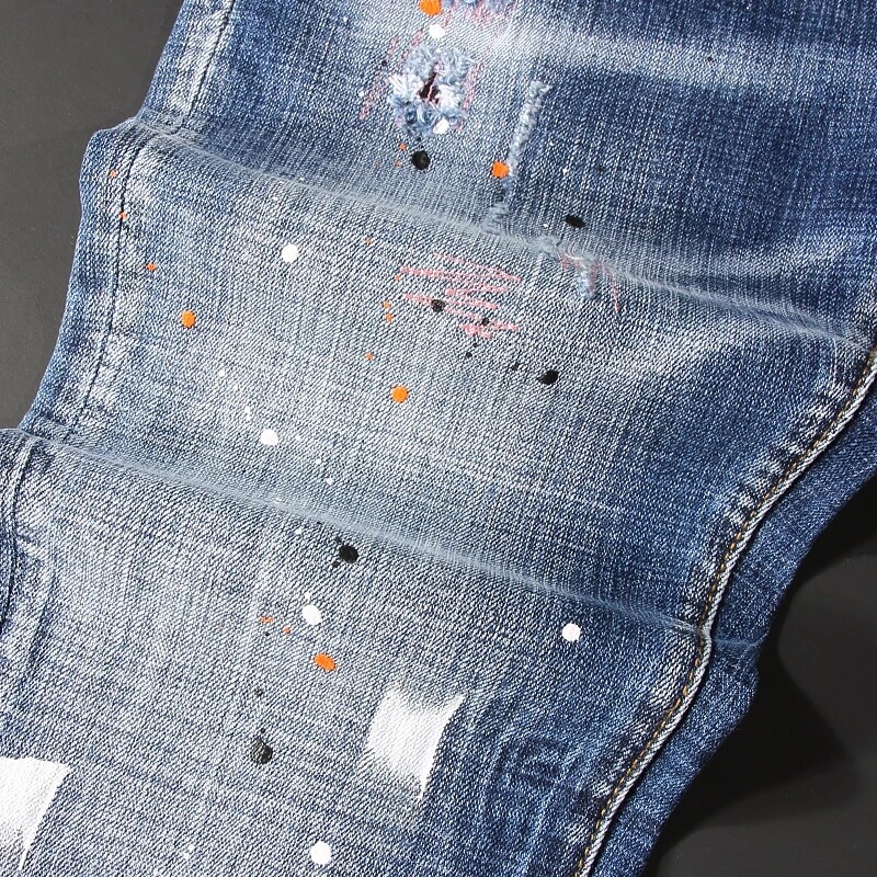Μόδα Streetwear Ανδρικά τζιν ρετρό γαλάζιο ελαστικό λεπτό τζιν Ανδρικά ζωγραφισμένα Σχεδιαστής χιπ χοπ τζιν παντελόνι μολύβι Hombre