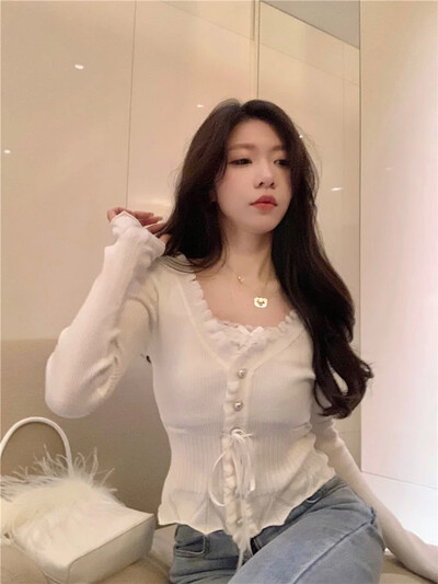 Sweet Fresh V-veida kakla mežģīņu savārstījums Topi Sieviešu Rudens Pārsējs Volāni Džemperi Harajuku Slim Fit Garām piedurknēm Trikotāžas jaka