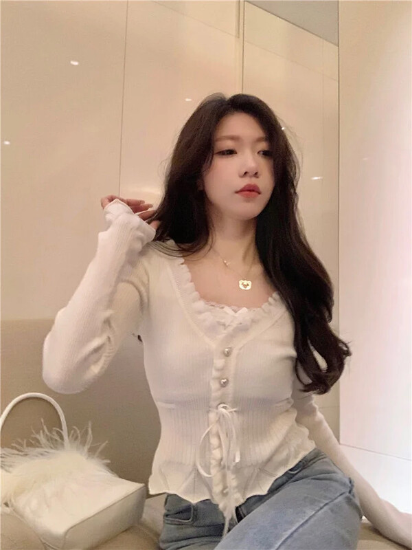 Sweet Fresh V-veida kakla mežģīņu savārstījums Topi Sieviešu Rudens Pārsējs Volāni Džemperi Harajuku Slim Fit Garām piedurknēm Trikotāžas jaka