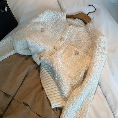 Κορεάτικη πλεκτή ζακέτα Γυναικεία Φθινοπωρινή Χειμώνας Νέες τσέπες με μακριά μανίκια O πουλόβερ στο λαιμό Vintage παλτό με μονό στήθος με κουμπί T291