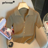 Îmbrăcăminte pentru femei Moda coreeană Guler polo elegant Cardigane tricotate cu nasturi 2024 Vară Casual Solid cu mâneci scurte Topuri de bază subțiri