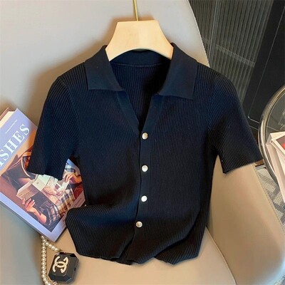 Îmbrăcăminte pentru femei Moda coreeană Guler polo elegant Cardigane tricotate cu nasturi 2024 Vară Casual Solid cu mâneci scurte Topuri de bază subțiri