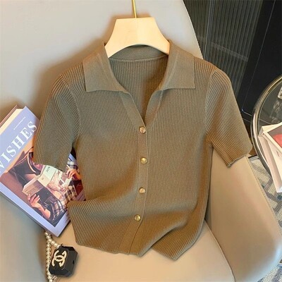 Îmbrăcăminte pentru femei Moda coreeană Guler polo elegant Cardigane tricotate cu nasturi 2024 Vară Casual Solid cu mâneci scurte Topuri de bază subțiri