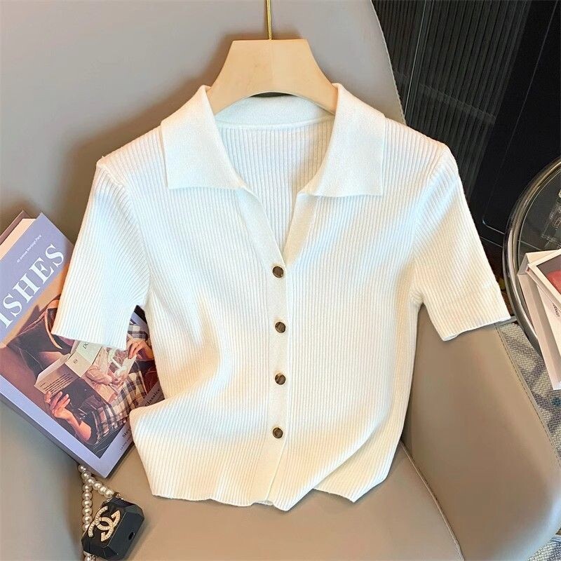 Îmbrăcăminte pentru femei Moda coreeană Guler polo elegant Cardigane tricotate cu nasturi 2024 Vară Casual Solid cu mâneci scurte Topuri de bază subțiri