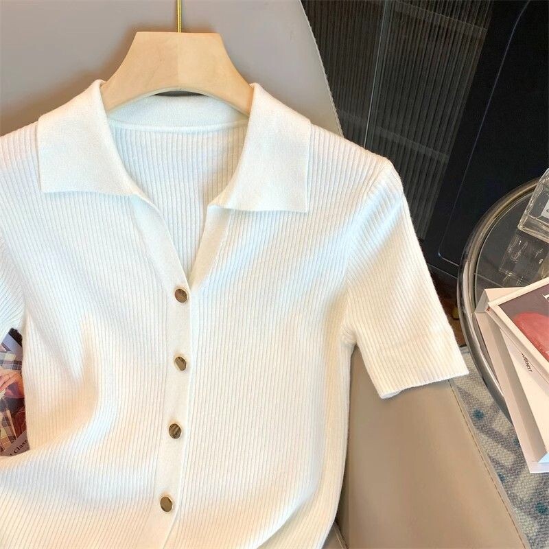 Îmbrăcăminte pentru femei Moda coreeană Guler polo elegant Cardigane tricotate cu nasturi 2024 Vară Casual Solid cu mâneci scurte Topuri de bază subțiri