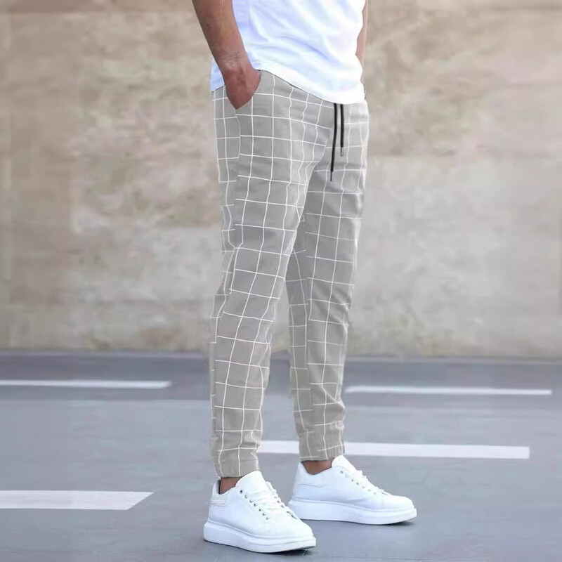 Új stílusú férfi sport- és alkalmi nadrágok, divatos és divatos kockás hosszú nadrágok, karcsú szabású, sokoldalú, minden évszakban használható férfi nadrágok